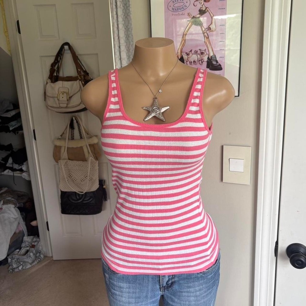 Y2K 2000s Pink & White Striped Ribbed Tank Top